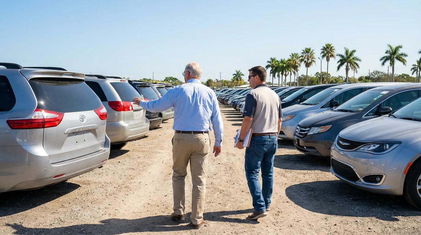 Mobility Florida team evaluating minivans at a Florida auto auction lot